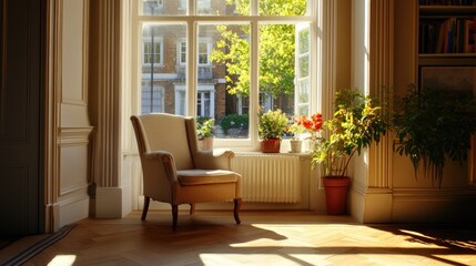 Bright and Cozy Living Room with Sunlit Window and Green Plants