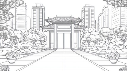 Asian city gate, park, urban scene, illustration, drawing, background, graphic design, print