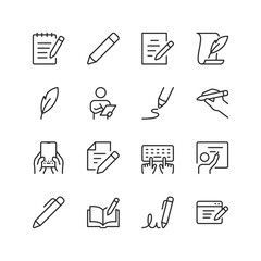 Writing and Note Taking, linear style icon set. Handwriting, digital note-taking, signatures, documentation. Pen, paper, typing, creative writing and content creation tools. Editable stroke width.