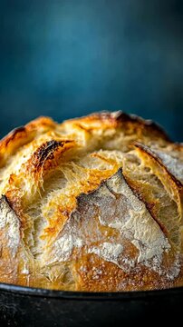 Golden brown freshly baked bread crust with crispy texture on a dark backdrop highlighting the artisanal details
