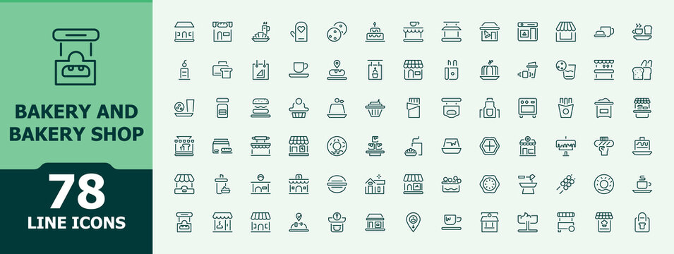 Bakery Shop modern icon set. Featuring cook, cafe, cake, cookie, shop and more. Sign and Symbol. Baker line icon. Minimalist editable vector stroke.