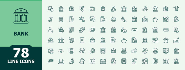 Bank related icon. Containing pay, money, finance, payment, investment, financial and more. Minimalist vector collections. Wealth icon set in linear style. Art and illustration.