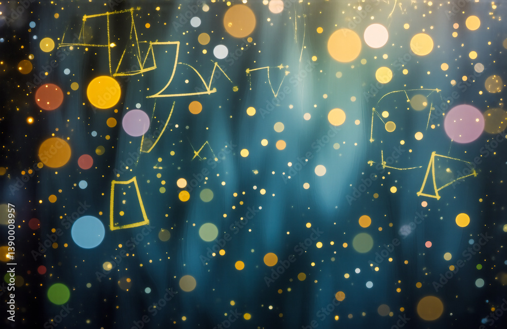 Poster The image is of abstract, vibrant shapes floating in a celestial or watery environment, highlighted by a bokeh effect and light rays. Hints of light, colors and geometric elements.