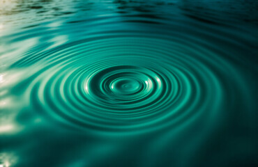The image shows a captivating teal water surface. Concentric circular patterns radiate outwards from a central point, creating mesmerizing ripple effects. Light dances across the ripples.
