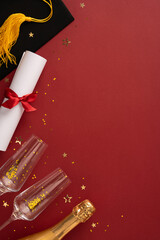 Graduation-themed vertical image featuring a diploma, cap, champagne bottle, and glasses on a red...