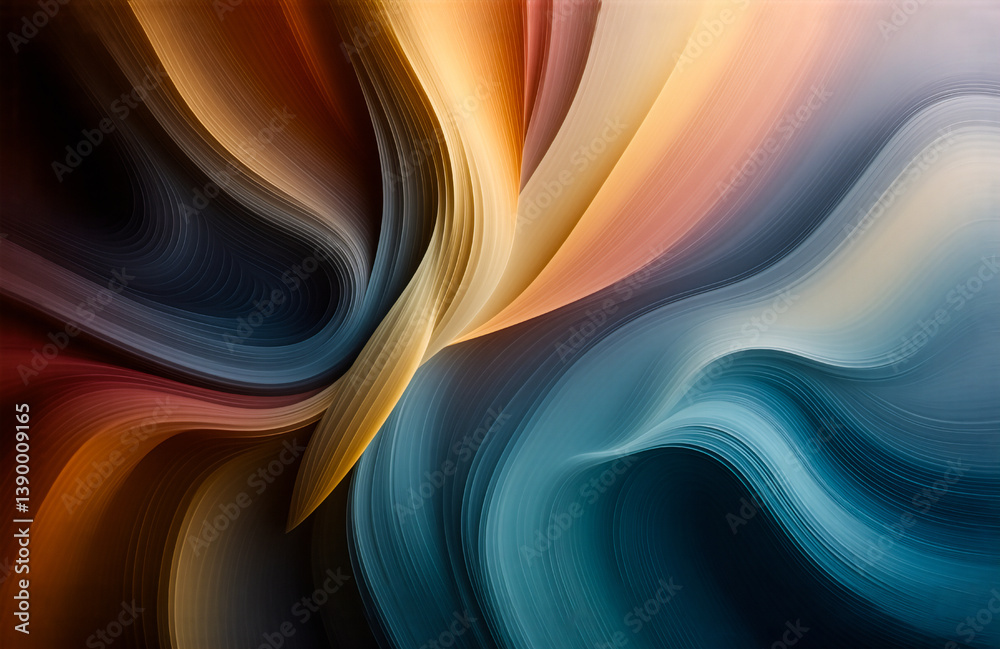 Poster abstract artwork of flowing, curved shapes in vibrant colors, blending into a harmonious composition