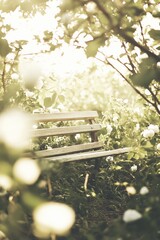 Serene garden bench surrounded by lush greenery and blooming flowers, perfect for peaceful relaxation and nature retreat experiences.