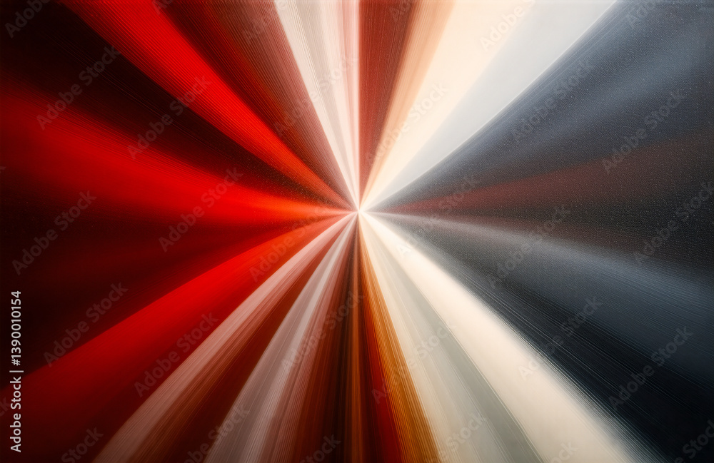 Poster Here's the description and keywords:

An abstract image with radiant color bursts emanating from a central point. The design exhibits a spectrum of warm tones alongside cool colors, creating a dynamic