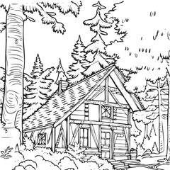 Fototapeta premium Charming Hand-Drawn Forest Cabin Nestled Among Tall Trees