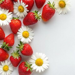 Fresh strawberries and daisies on a white background