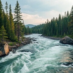 River flowing through a lush green forest under a cloudy sky