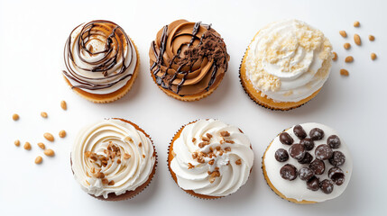 Fototapeta premium Six Gourmet Cupcakes with Various Toppings on White Background