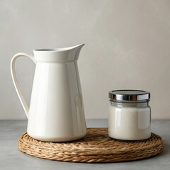 Ceramic pitcher and glass jar on a rustic woven mat