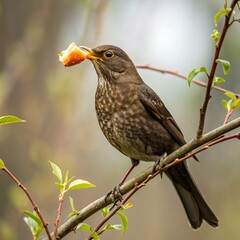 A blackbird perched on a tree branch, holding food in its beak