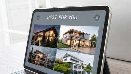 Laptop screen with modern house selection for buyers