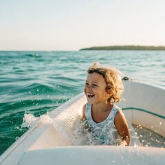 Happy child enjoying a boat ride on a sunny day at the sea
