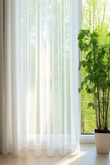 Bright living room with sheer white curtains, sunlight streaming through large windows, potted plant for natural decor elegance.