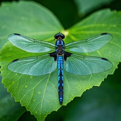 A beautiful dragonfly perched on a green leaf.