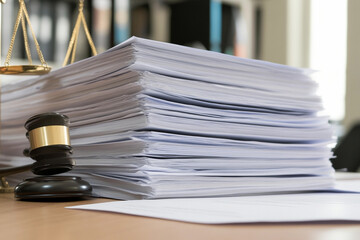 Lawyer reviews extensive legal documents in a professional office setting during working hours