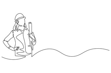 Continuous one line drawing of female architect holding blueprint paper. Single line drawing illustration of woman construction worker. Work profession concept vector art. Doodle line illustration.