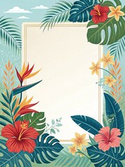 A vibrant, colorful illustration of tropical flowers and leaves framing a blank space.