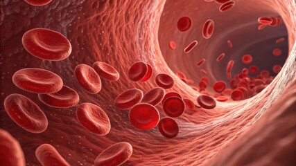 A detailed view of red blood cells flowing through a blood vessel, showcasing the intricate inner structure of the circulatory system.