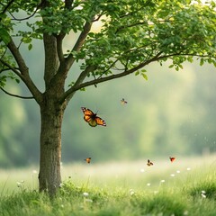 Butterfly Dancing Around a Tree in a Sunny Field