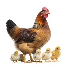 Fototapeta premium The mother hen is surrounded by her baby chicks, on Png Format and Transparent Background