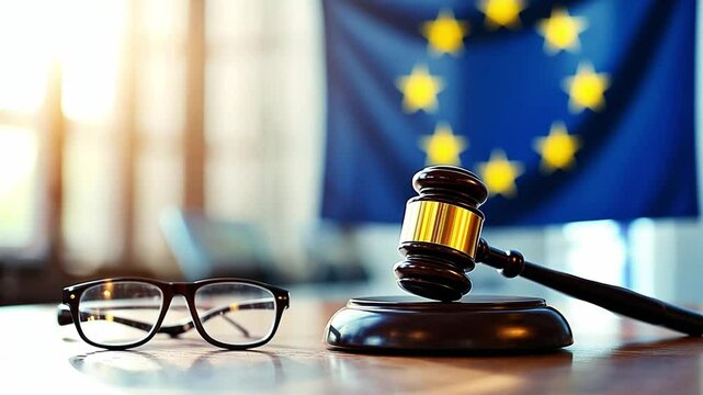 Gavel and glasses symbolize justice in a courtroom with an EU flag in the background