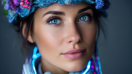 Fototapeta premium Ukrainian woman wears traditional vyshyvanka with glowing embroidery and a unique biomechanical floral crown