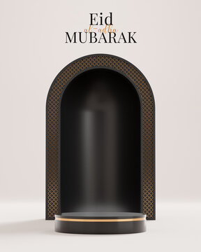 Eid al fitr Eid al Adha Mubarak podium Islamic decoration greetings background 3d render