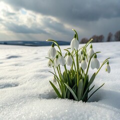 Snowdrop flowers blooming in the winter snow under the sunlight