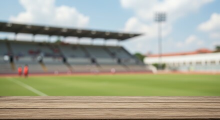 Obraz premium Wooden Tabletop Over a Blurred Stadium Background: Sports Event, Game Day, Field View