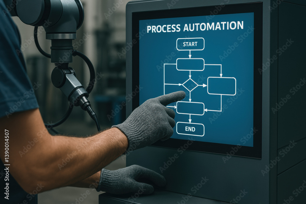 Poster a technician uses a touchscreen display to manage process automation starting and ending tasks in a 