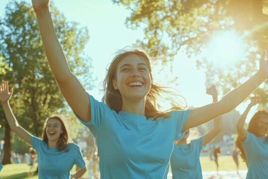 Team cheering woman running in sunny park