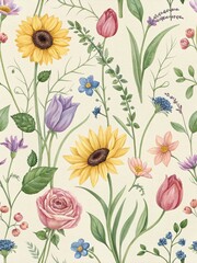 Delicate Floral Print Pattern with Sunflowers, Roses, and Tulips