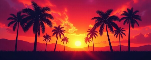 Silhouetted palm trees against vibrant sunrise, fiery sky , texture, palm trees