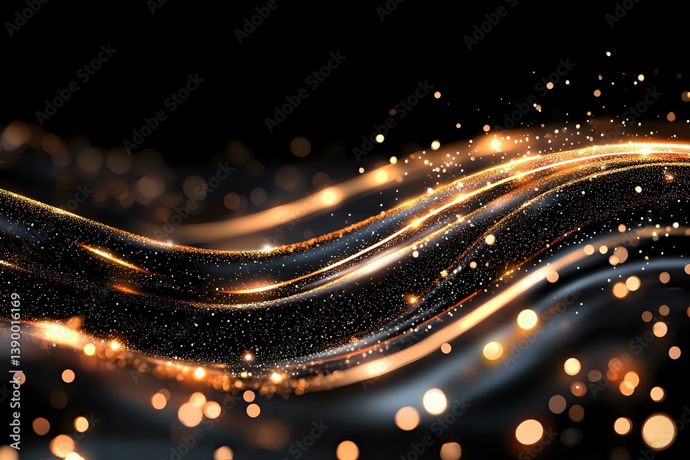 Poster magical golden light waves flow with sparkling particles against dark background, creating luminous 