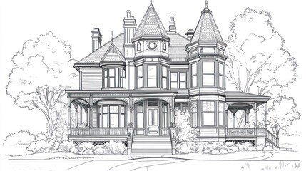 Historic Victorian House Sketch, Detailed Exterior Drawing, Architectural Design
