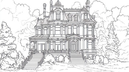 Historic drawing of grand mansion in park setting.  Possible use Architectural study, historical reference