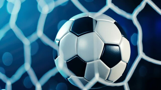 Soccer ball football striking goal net, dramatic blue pivotal highlighting lighting sports moment of scoring and victory sport background video 4k