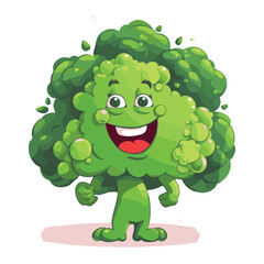 Fototapeta premium Happy Cartoon Broccoli Character with Big Grin and Fluffy Green Florets on White Background 