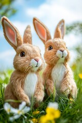 Low Angle View of Playful Easter Bunnies in Lush Spring Meadow Close Up Detail
