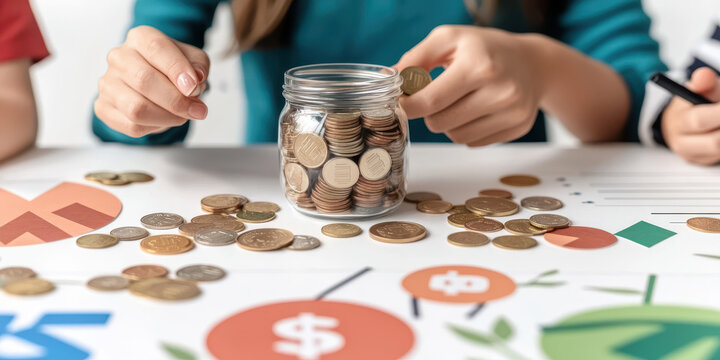 child learning about saving money with coins in jar, surrounded by financial charts