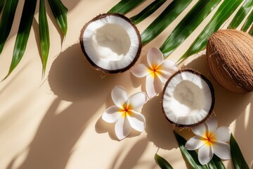 Vibrant flat lay composition featuring tropical coconuts, coconut halves, plumeria flowers, and green leaves on a soft beige backdrop with sunshine