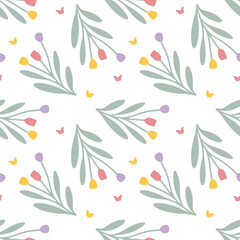 Seamless floral pattern, summer texture with tulips and flowers, bright colors, vector style, soft and elegant design