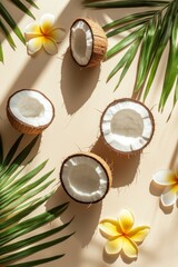 Fototapeta premium Vibrant Flat Lay Display of Tropical Coconuts, Halves, and Plumeria Flowers on Beige Background