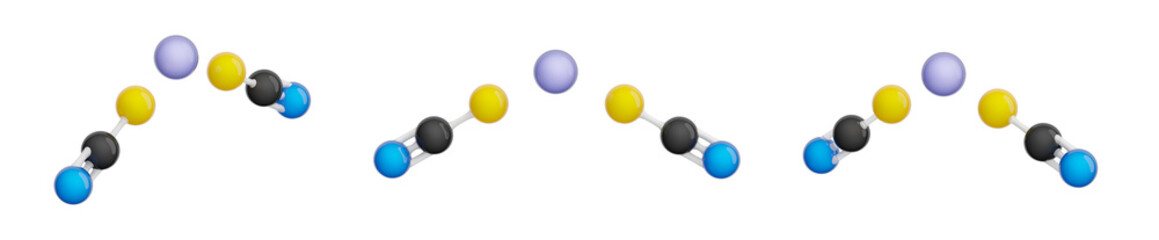 Molecule of Mercury Thiocyanate. Set of views. Molecular formula: Hg(SCN)2. Chemical model: Ball and stick. Isolated. Transparent background. 3D illustration