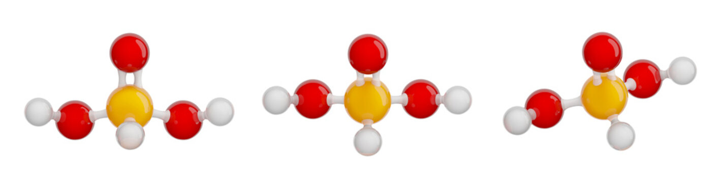 Molecule of Phosphorous Acid. Set of views. Molecular formula: H3PO3. Chemical model: Ball and stick. Isolated. Transparent background. 3D illustration