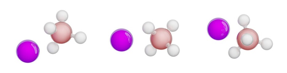 Molecule of Sodium tetrahydridoborate. Set of views. Molecular formula: NaBH4. Chemical model: Ball and stick. Isolated. Transparent background. 3D illustration